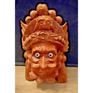 Vintage Chinese Hand Carved Wooden Wall Hanging Mask Emperor